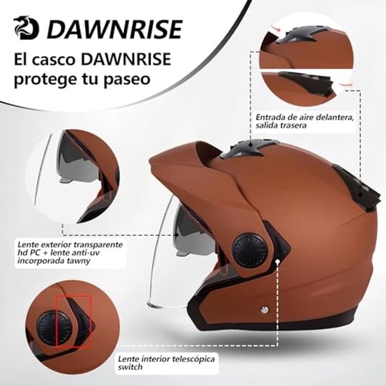 Bruine DAWNRISE helm met helder en getint vizier, luchtinlaten en telescopische binnenspiegel.