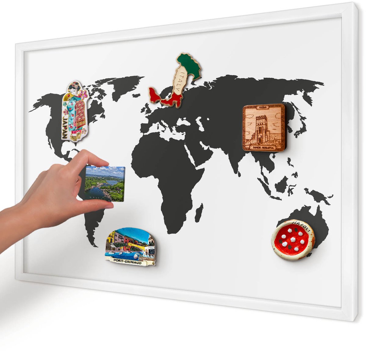 Artprintcave Zwart Magneetbord mit Witte Lijst - 60x40 cm - Wereldkaart Magneetbord Voor Keuken - Minimalist Memobord Keuken - Kaarten