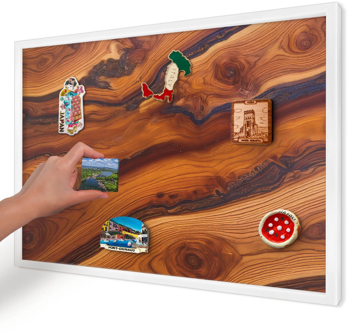 Artprintcave Bruin Magneetbord mit Witte Lijst - 60x40 cm - Houten Ringen Magneetbord Voor Keuken - Rustiek Memobord Keuken - Texturen