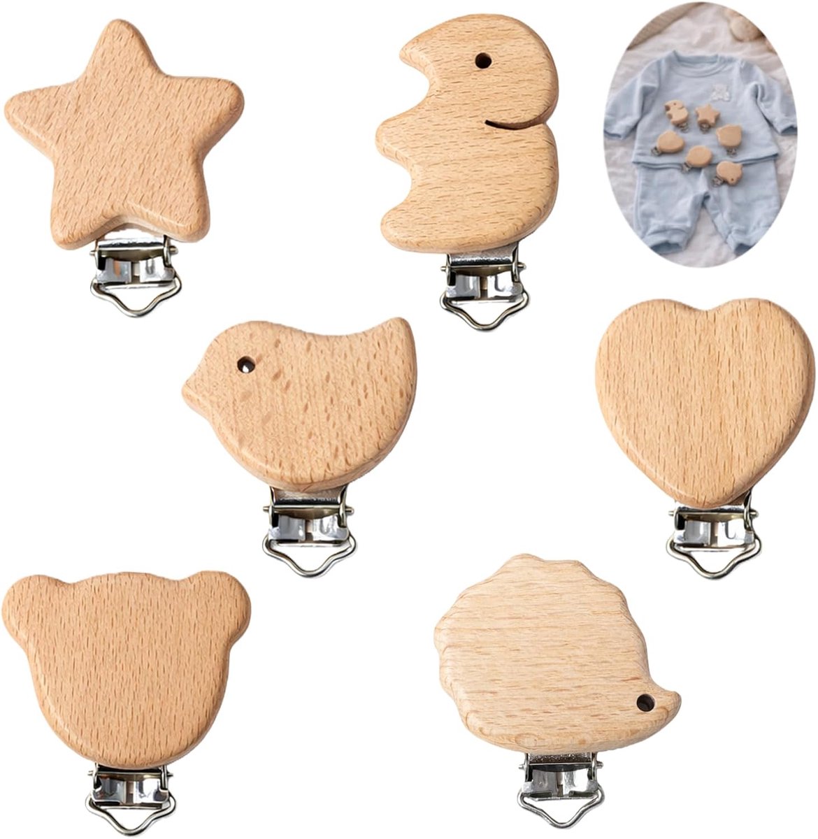 SnelShoppen - 6 Stuks Houten Clips Natuurlijk met Metalen Klem, Decoratieve Houten Pinnen met Motieven, Veelzijdige Clips voor DIY, Organisatie, Decor