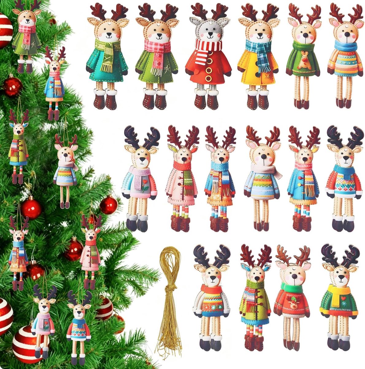SnelShoppen - Kerst Ornamenten, 32 Stuks Houten Hert Kerstboom Decoraties, 2D Schattige Rendier Kerstboom Hanger, Kerstversiering, Boomdecoratie, Kers