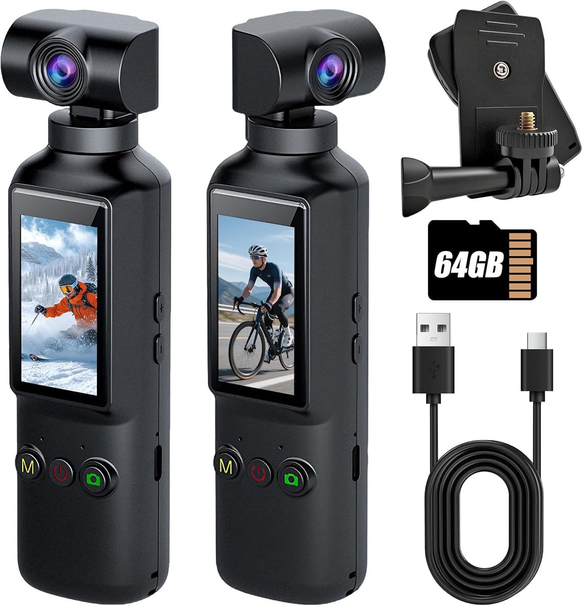 SnelShoppen - Mini Actie Camera 4K met 64GB, Handheld, WiFi, 270 Graden Draaiend 1.99 Inch Scherm, Vlog, POV Camera voor Dagelijks Gebruik, Motorfiets