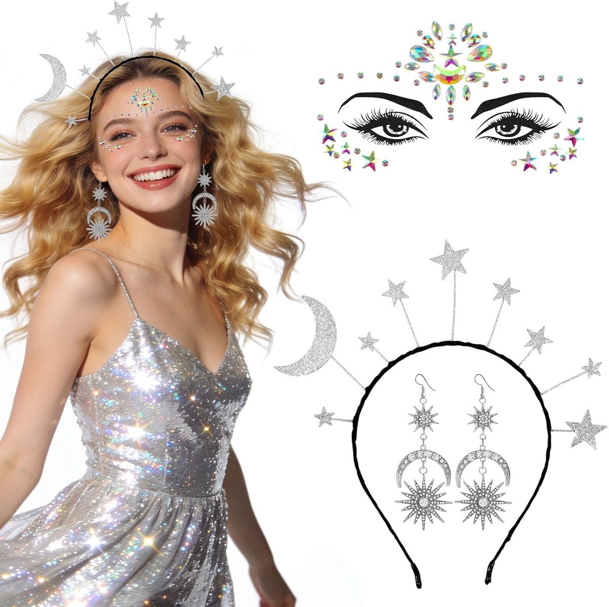 Carnival Headdress Accessories: Stars Hairband Silver + Face Tattoo Rhinestone + 2 Earrings Silver,Hair Accessories - ShopVlot