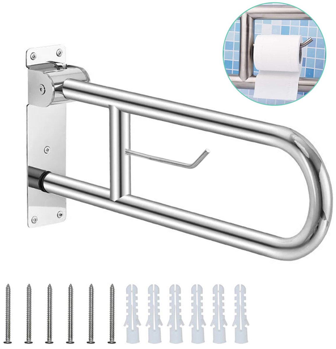 Toiletbeugel - Badkamerbeugel - Opvouwbare muurbeugel - Wandmontage - 60 cm - Antislip - Inclusief schroevenset - 32 mm diameter - Voor mindervaliden - Met tissuehouder - Roestvrij staal - Maximaal draagvermogen 140 kg - Zilver