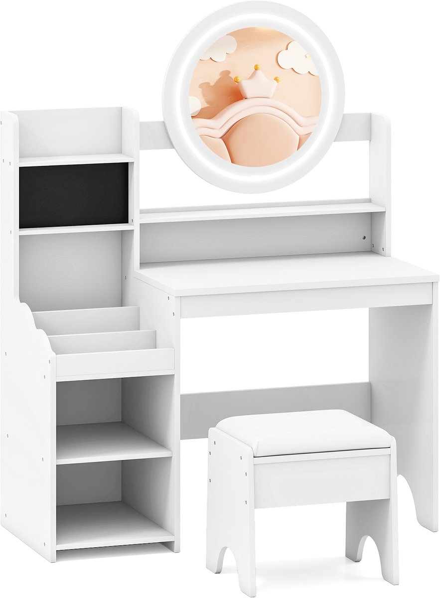COSTWAY Kindermake-up tafel met verlichting, kindermake-up tafel met spiegel, planken & gevoerde kruk, prinsessenkaptafel van hout, make-up commode voor meisjes vanaf 3 jaar (Wit)