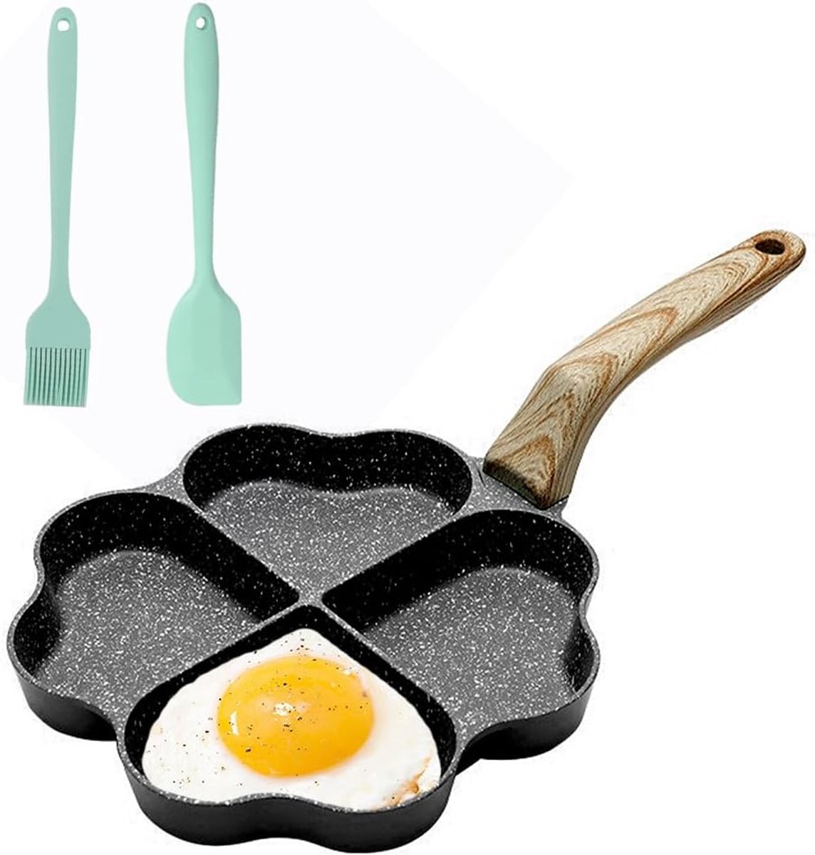SnelShoppen - 4-Gats Hartvormige Koekenpan, Spiegelen Koekenpan, Anti-aanbaklaag, Pannenkoekenpan met Siliconen Spatel en Kwast, Ontbijtpan voor Omele