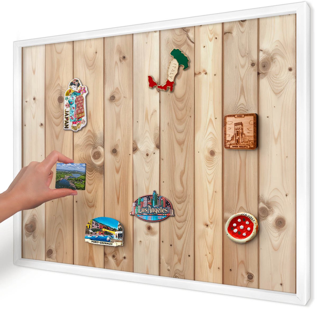 Artprintcave Beige Magneetbord mit Witte Lijst - 70x50 cm - Houten Planken Magneetbord Voor Keuken - Rustiek Magneetbord Voor Foto's - Texturen