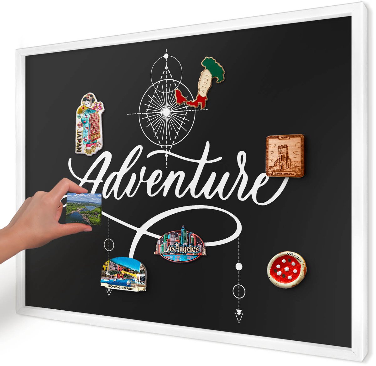 Artprintcave Zwart Magneetbord mit Witte Lijst - 70x50 cm - Reisinspiratie Magneetbord Voor Keuken - Minimalist Magneetbord Voor Foto's - Teksten