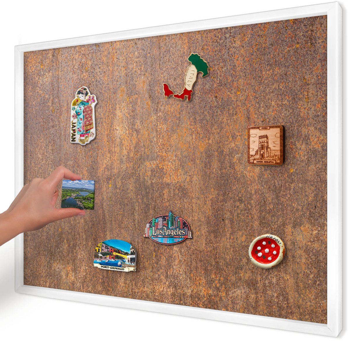 Artprintcave Bruin Magneetbord mit Witte Lijst - 70x50 cm - Roestige Elegantie Magnetisch Bord - Industrieel/Loft Magneetbord Voor Keuken - Texturen