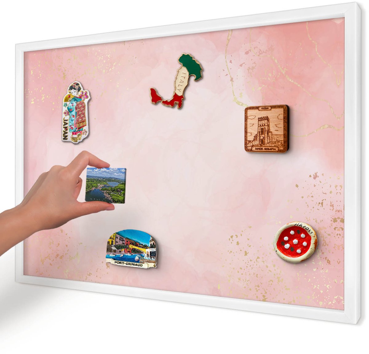 Artprintcave Roze Magneetbord mit Witte Lijst - 60x40 cm - Subtiele Elegantie Magneetbord Voor Foto's - Waterverf Wandbord Magnetisch - Achtergronden En Patronen