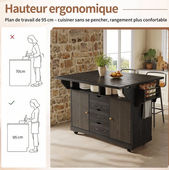 FloraGrace Keukenwagen - Uitklapbare Zijbladen En 3 Lades - Mobiele Keukenoplossing Voor Keuken En Eetkamer - MDF En Metaal - Zwart - 142,5 Cm — afbeelding 5