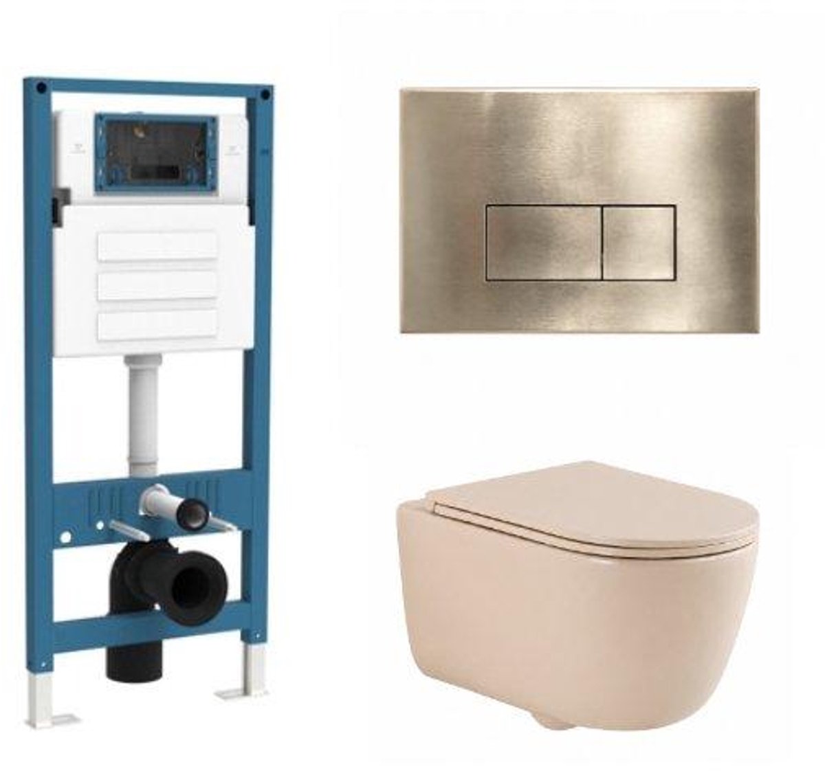 QeramiQ Dely Swirl Toiletset - inbouwreservoir Qeramiq Flush - slim zitting - metaal messing geborstelde bedieningsplaat - rechthoekige knoppen - beige