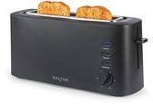 Matzwarte Salter broodrooster met lange sleuven en twee geroosterde sneetjes brood, geïsoleerd op witte achtergrond.