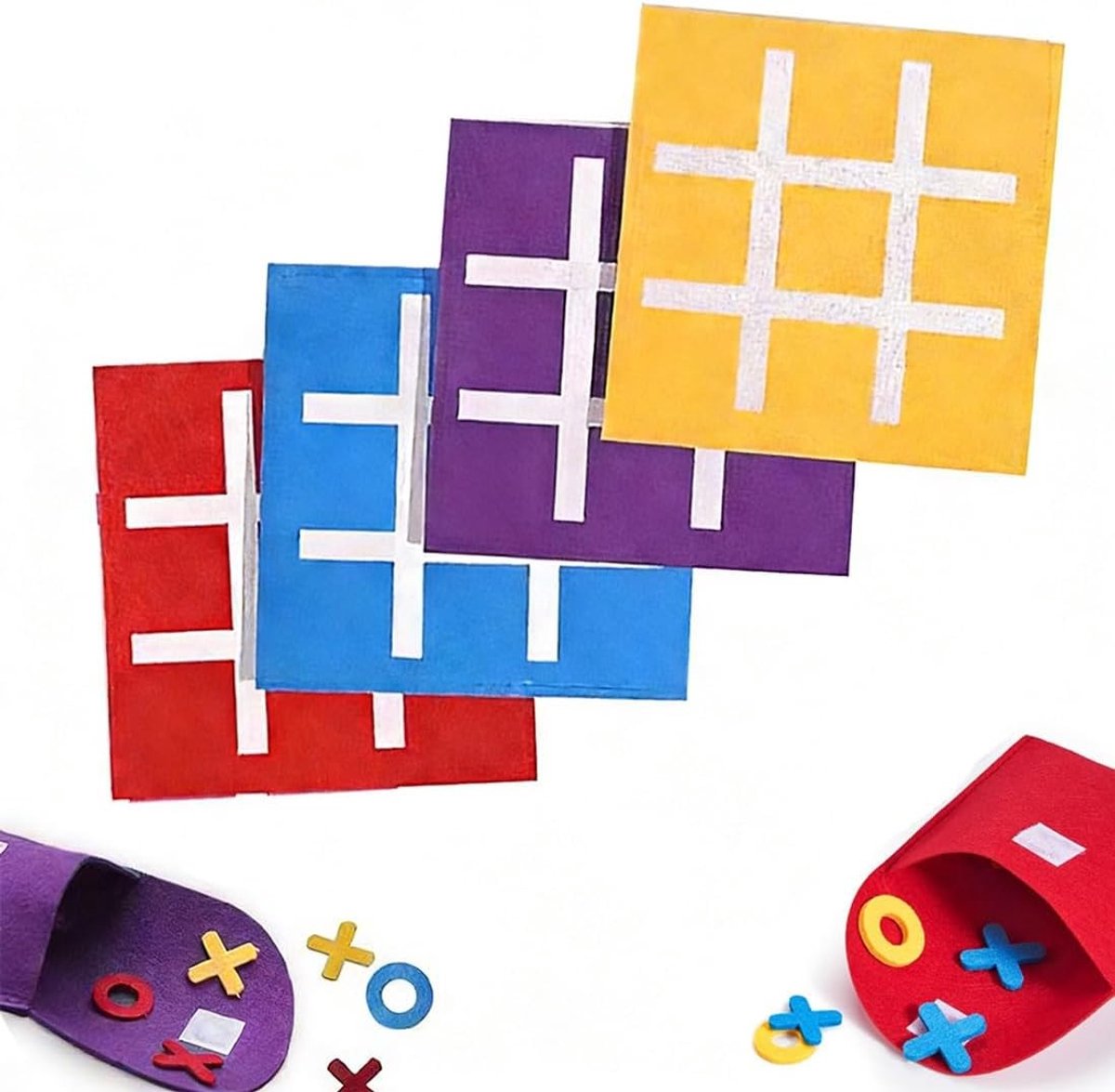 Mini Set van 4 Educatieve Tic Tac Toe Spellen in Stoffen Uitvoering voor Kinderfeestjes en Voor Kleuters, Rood, Geel, Blauw, Paars