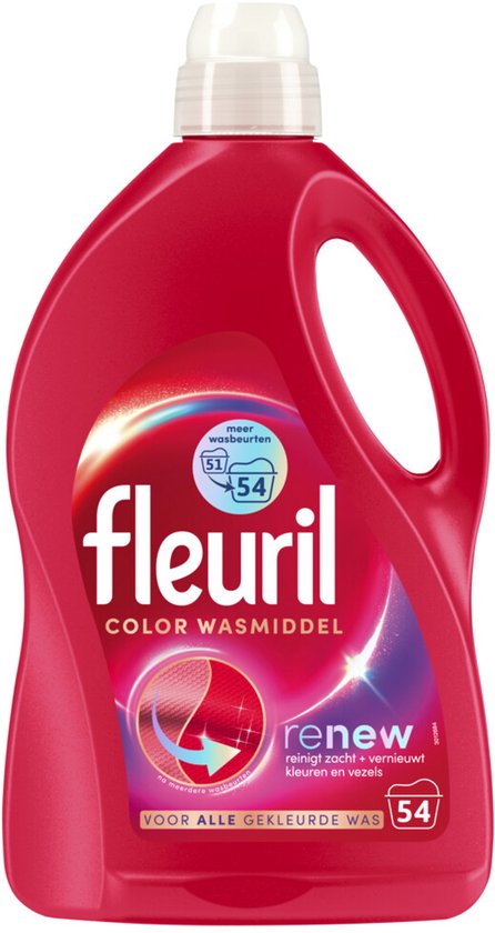 Lessive Fleuril Color dans une bouteille rouge, 54 lavages, pour linge coloré.