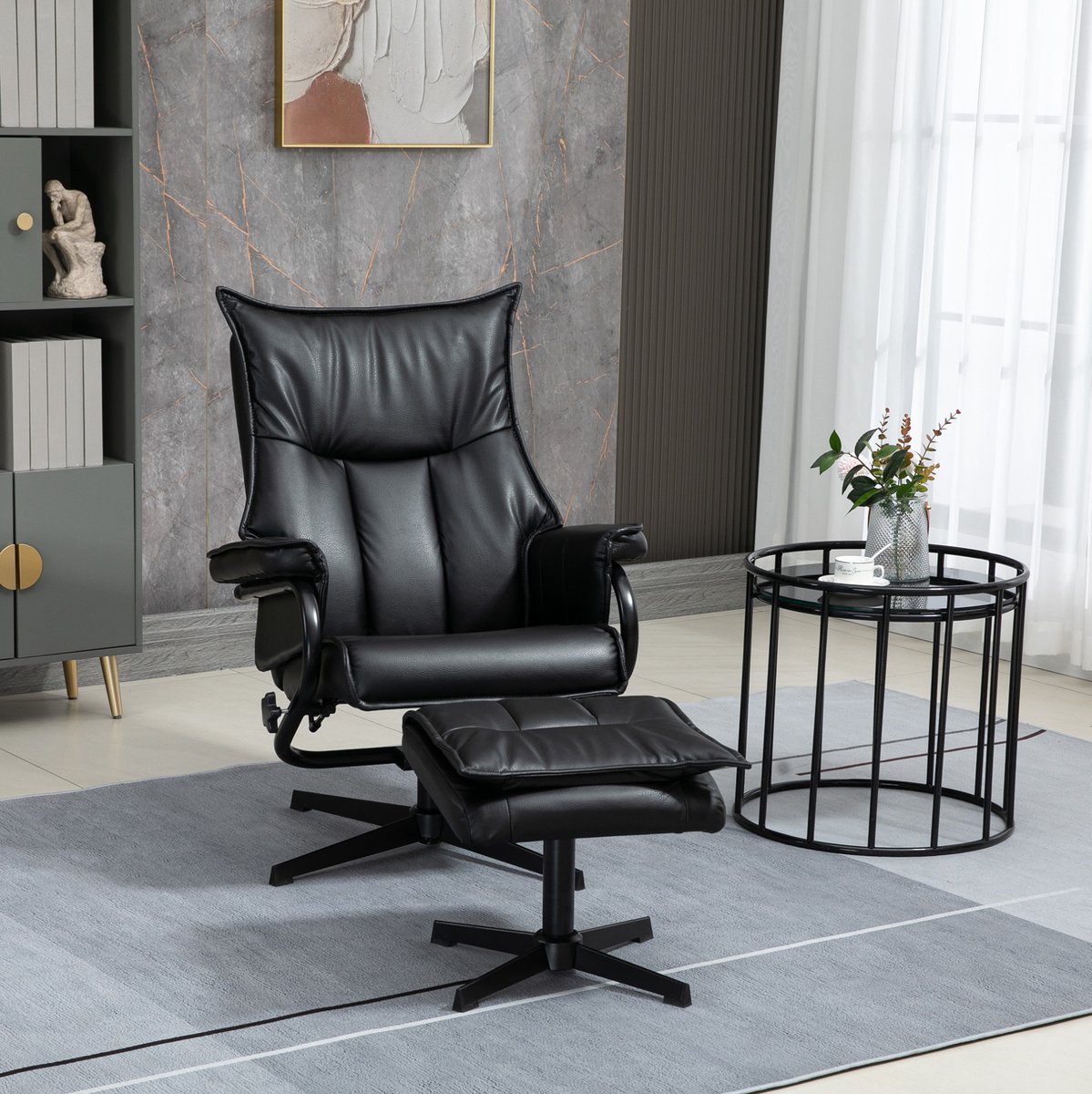 COVREO Relaxfauteuil 84 x 105 cm zwart, kunstleer draaibaar met hocker