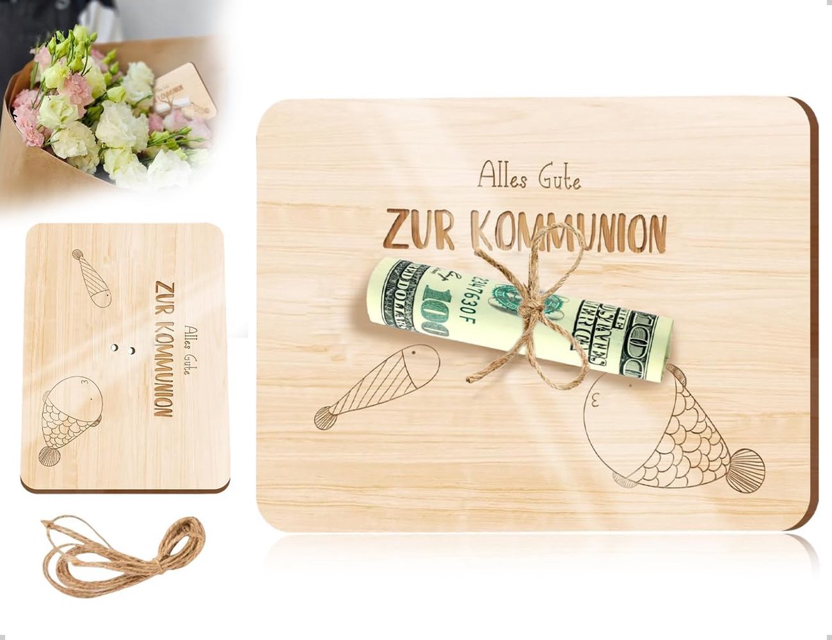 SnelShoppen - Communiekaarten van Hout met Henneptouw, Originele Communiekaart voor Kinderen, Jongens en Meisjes, Ideaal voor Groepsbijeenkomsten en V