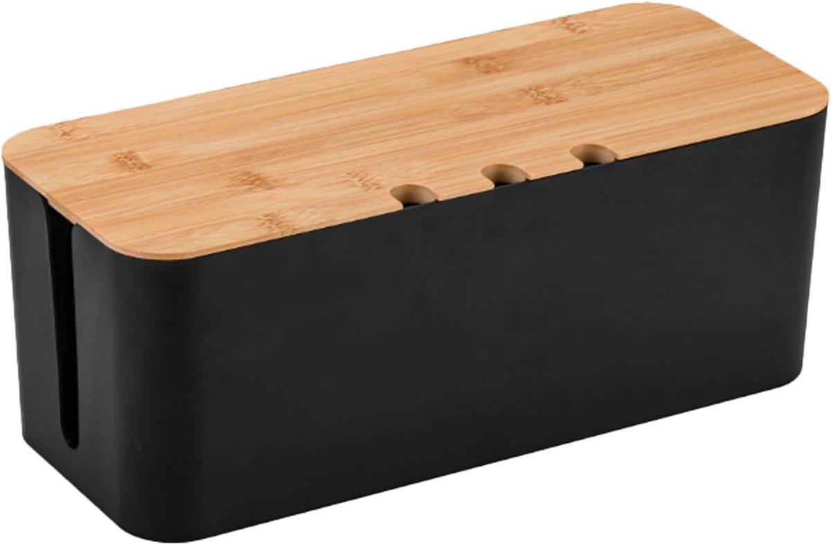 SnelShoppen - Kabelmanagement Box met Houten Deksel, Verborgen Kabeldoos voor Organisatie van Computerbedrading, Verbergen van Snoeren (Zwart)