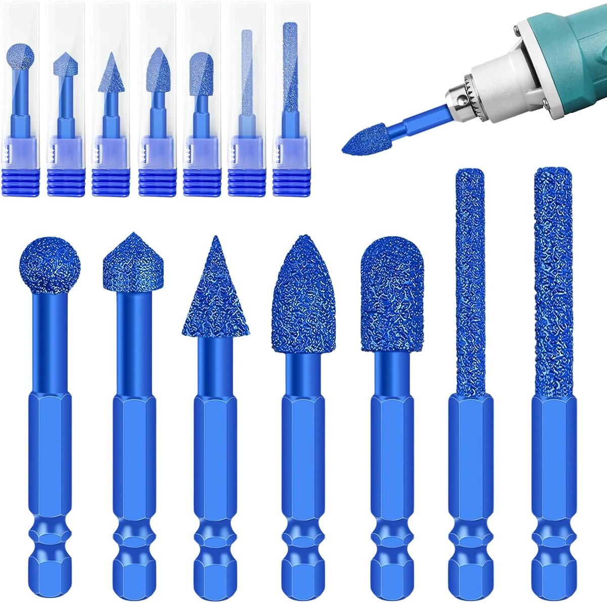 SnelShoppen - 7 Delige Diamant Slijptool Set met 1/4 Inch As voor Hout, Steen, Keramiek, Metaal, Glas, Graveren, Polijsten, Boren en Slijpen