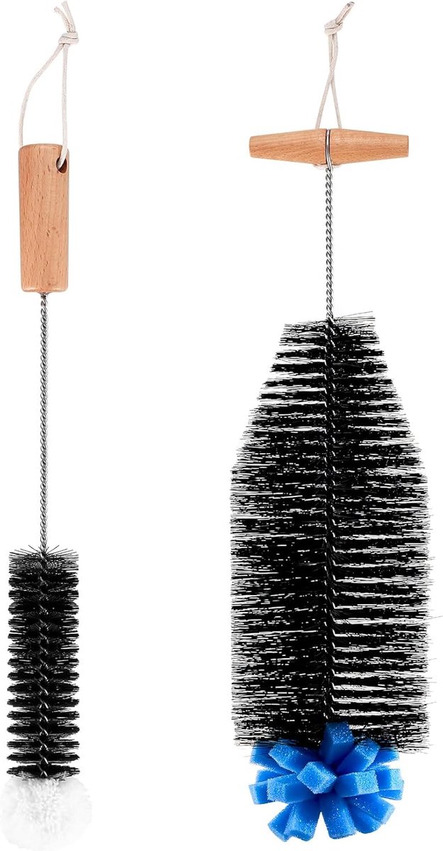 SnelShoppen - Flessenborstel Set van 2 - Schoonmaakborstel voor Glasflessen en Drinkflessen - Nylon Borstels met Sponskop en Houten Handvat - Ideaal v