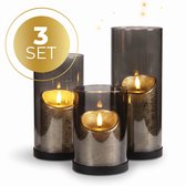 KENN® Industriële Kaarsenhouders - Set van 3 - Smoke/Grijs Glas - Zwarte Metalen Basis - Windlichthouders - Kandelaars voor Stompkaarsen - Kaarshouders - Luxe Uitstraling - Voor Binnen & Buiten - Voor LED Kaarsen & Echte Kaarsen - Waxinelichthouders