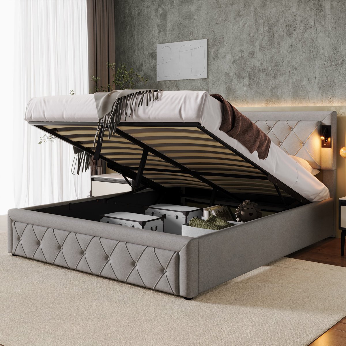 Gestoffeerd Bed 160x200 cm - Linnen Bed Met LED USB Hydraulische Opbergruimte Grijs