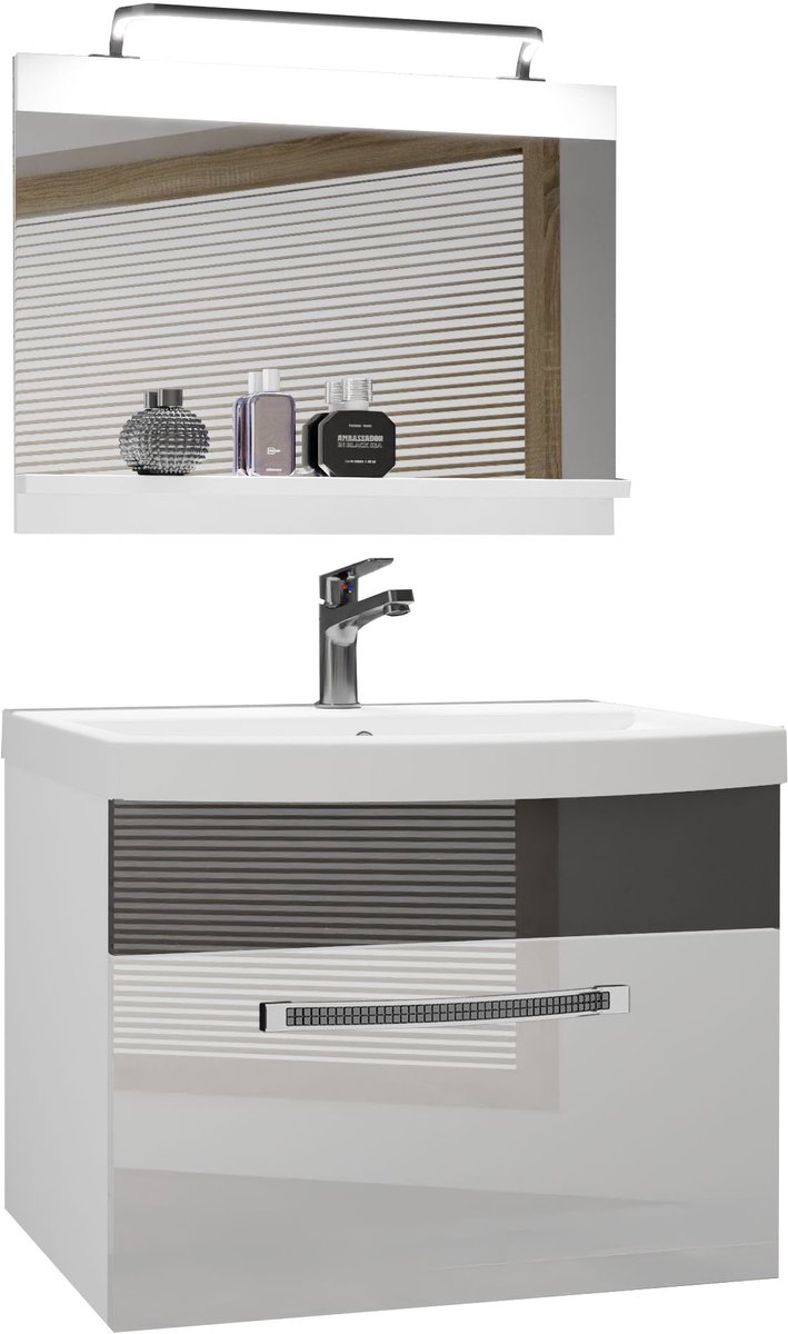 BELINI Badkamermeubel Set GLA P 1 - Badmeubelset 60 cm Wit/Zilver Hoogglans met Wastafel, Spiegel en LED Lamp - Wandmontage