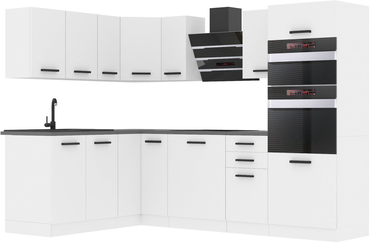 BELINI L-Vorm Keukenblok MELANIE - Keukenmeubel Set 360 cm Wit Mat zonder Werkbladen - Boven- en Onderkasten