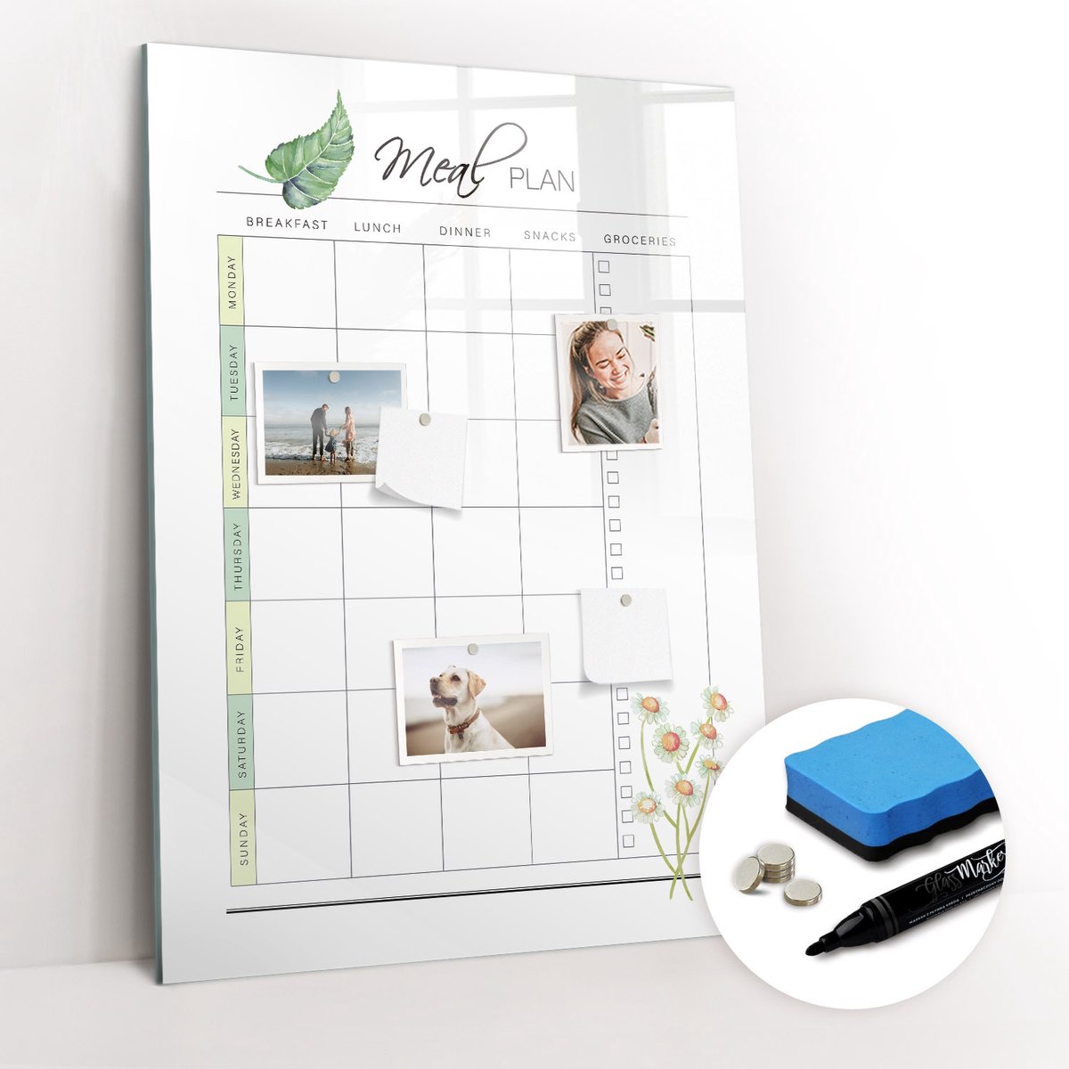 Tulup Whitebord - Maaltijdplan - 70 x 100 cm - Wit Memobord Glas - Gratis 5 Sterke Magneten + Whiteboard Marker & Wisser - Moderne Wanddecoratie - Foto Magneetbord - Planning Muur