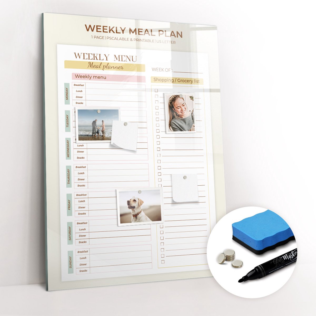 Tulup Whitebord - Maaltijdplanner voor een dieet - 70 x 100 cm - Geel Magnet Board - Gratis 5 Sterke Magneten + Whiteboard Marker & Wisser - Interieur Accessoires Kantoor - Magnetisch Memobord - Productiviteit Tools