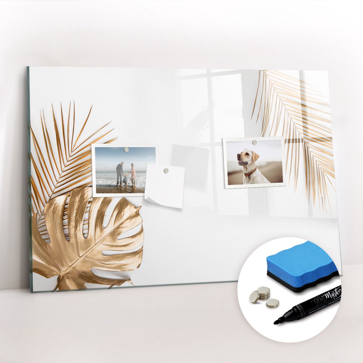 Tulup Whitebord - Tropische bananenbladeren - 60 x 40 cm - Geel Memobord Glas - Gratis 5 Sterke Magneten + Whiteboard Marker & Wisser - Industrieel Wandbord - Memobord Magnetisch - Ideeënbord Thuiswerkplek
