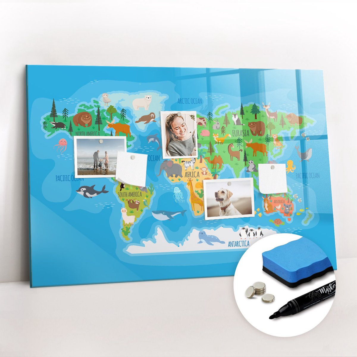 Tulup Whitebord - Cartoonkaart - 90 x 60 cm - Veelkleurig Magnetisch Memobord - Gratis 5 Sterke Magneten + Whiteboard Marker & Wisser - Decoratief Magnetisch Bord - Magneetbord Foto - Inspiratiebord Kantoor