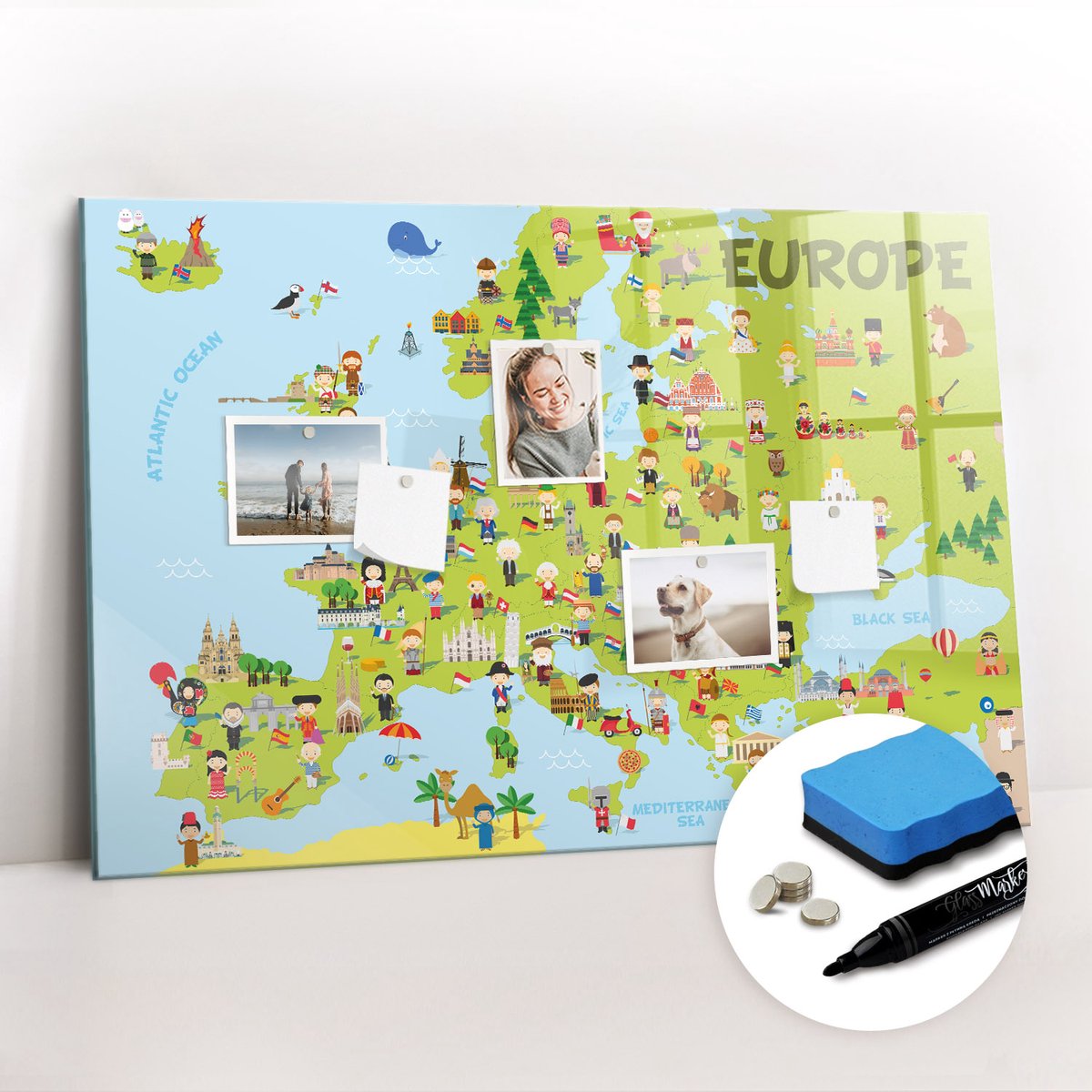 Tulup Whitebord - Wereldkaart met vlaggen - 90 x 60 cm - Veelkleurig Magneetbord Rechthoekig - Gratis 5 Sterke Magneten + Whiteboard Marker & Wisser - Minimalistisch Prikbord - Magnetisch Bord Kind - Planning Muur