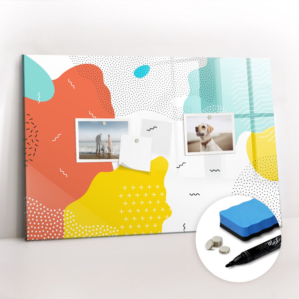 Tulup Whitebord - Pop-abstractie - 60 x 40 cm - Veelkleurig Magnetic Board - Gratis 5 Sterke Magneten + Whiteboard Marker & Wisser - Scandinavisch Design Bord - Memobord Glas - Notitiebord Werkplek