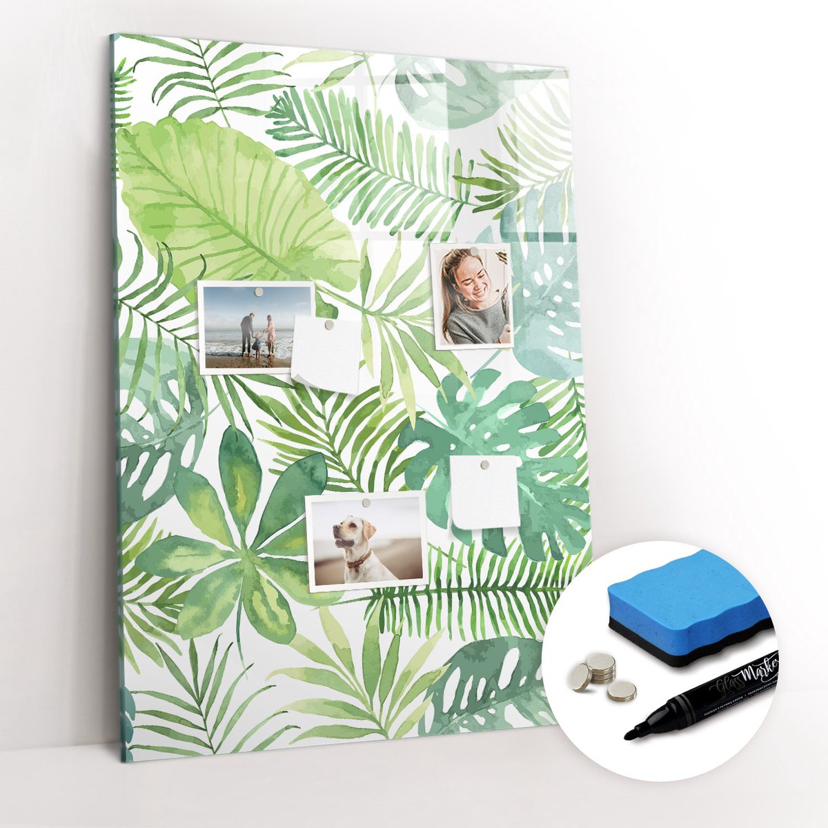 Tulup Whitebord - Aquarel bosbladeren - 70 x 100 cm - Groente Magneetbord Rechthoekig - Gratis 5 Sterke Magneten + Whiteboard Marker & Wisser - Scandinavisch Design Bord - Memobord Glas - Notitiebord Werkplek