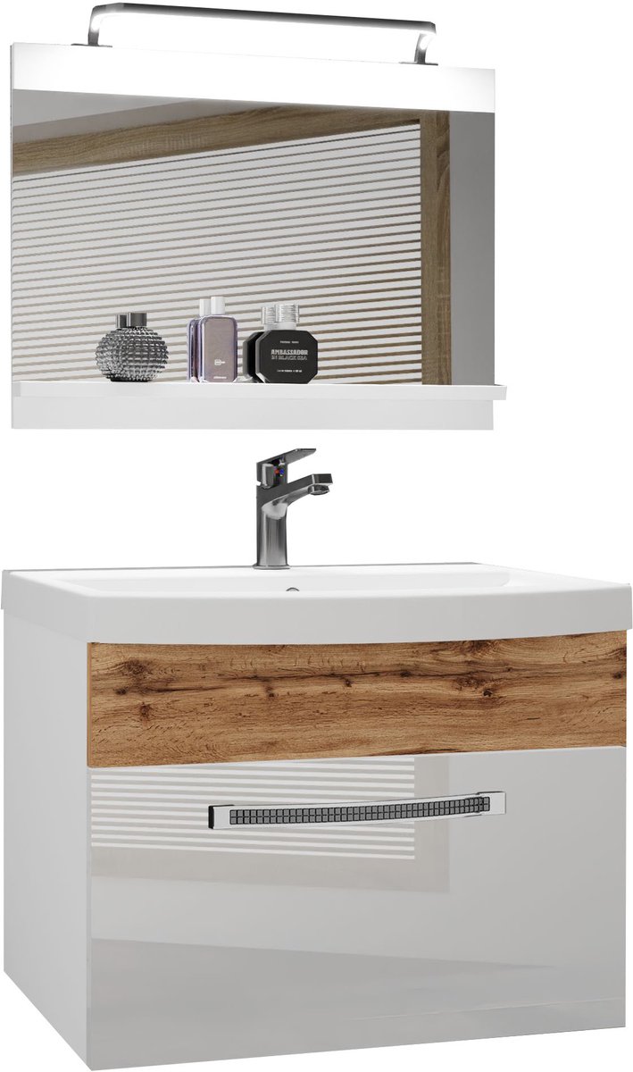 BELINI Badkamermeubel Set GLA PM 1 - Badmeubelset 60 cm Wit/Wotan Eiken Hoogglans en Mat met Wastafel, Spiegel en LED Lamp - Wandmontage