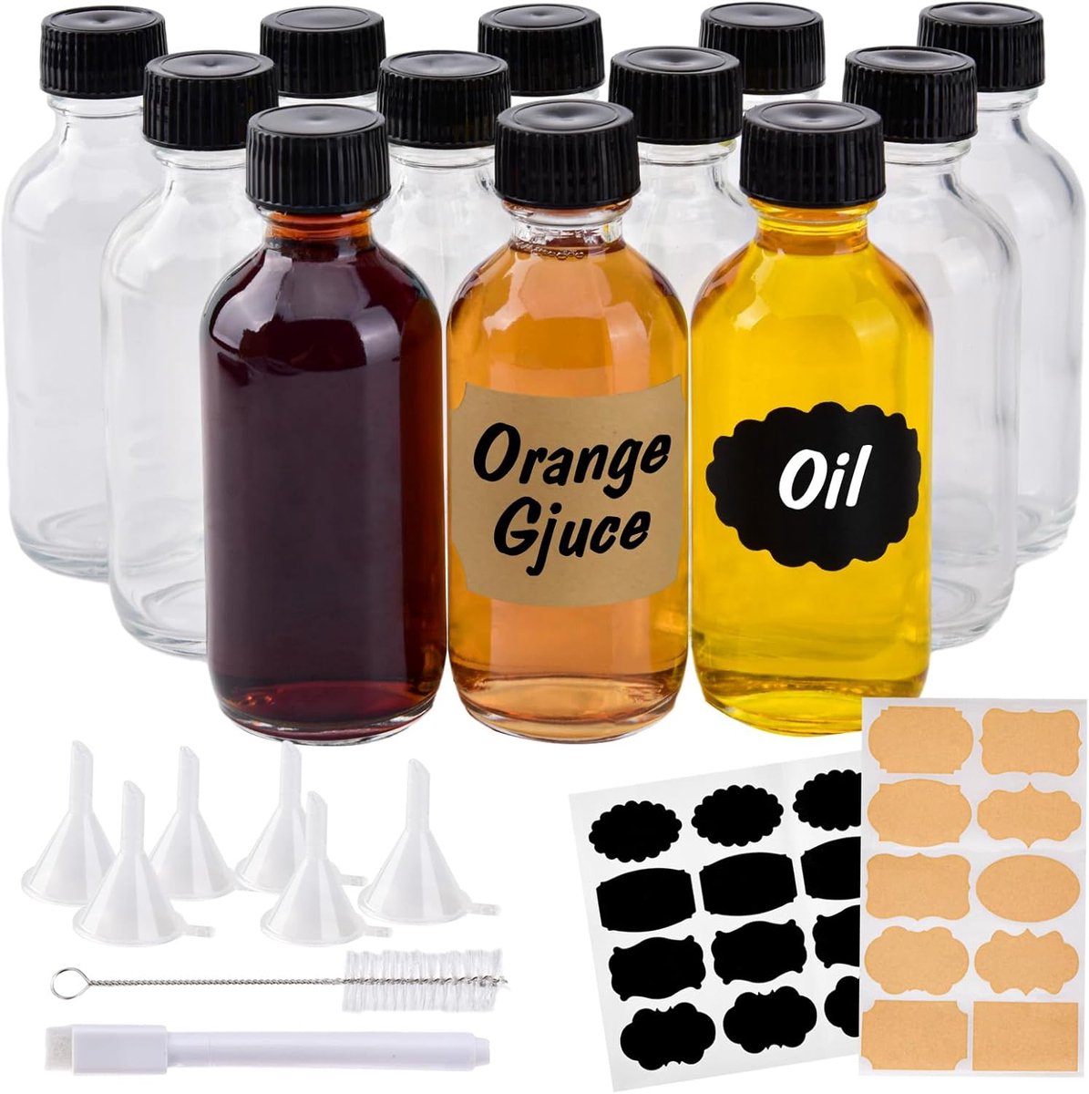 12 Pack 2 oz kleine heldere glazen flessen met doppen, 60ml korte glazen potten, wellness shot flessen met trechters, stickers en borstel, mini drankflessen sap, water, gember, whisky