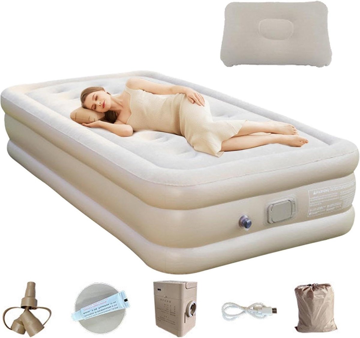 Camping Luchtmatras - Kampeerbed Opblaasbaar - Buiten Overnachten - Ingebouwde Pomp - Dubbel - Beige