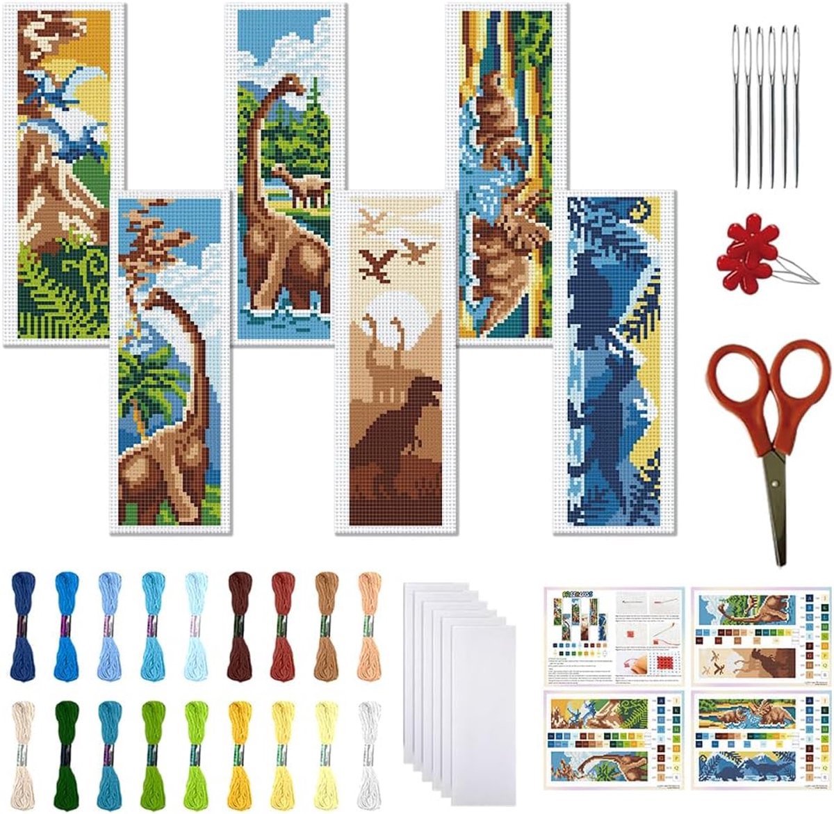 6 Set Kruissteek Bladwijzer Kit Gestempeld Kruissteek Kit voor Beginners Dinosaurus Scene Borduurwerk Set met Instructie voor Volwassenen 8 "*2.4"