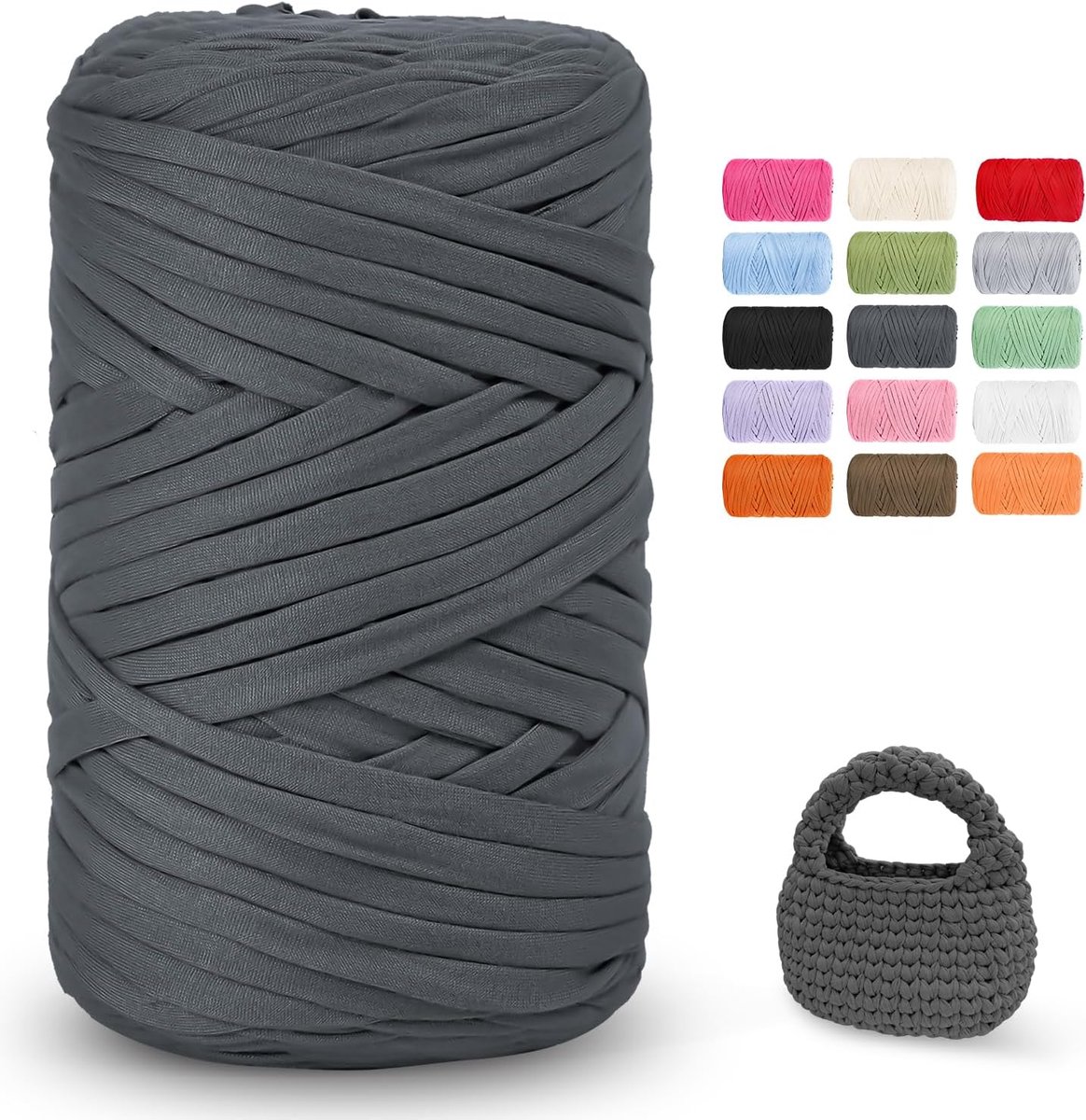 iEGrow Fil pour Crochet, 400 g/140 m Fil Polyester en Tissu Chunky Tshirt Yarn, T-Shirt Crochet voor tas, manden, doe-het-zelf, interieurdecoratie, tapijt, doe-het-zelf donkergrijs