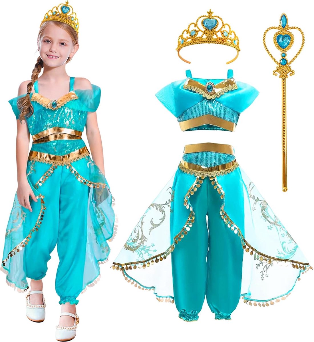 prinsessenkostuum meisjes: prinsessenjurk voor kinderen, Aladdin dansen, bovenstuk, broek met kroon en toverstaf voor carnaval, Halloween, carnaval, cosplay, verjaardag, verkleedkleding