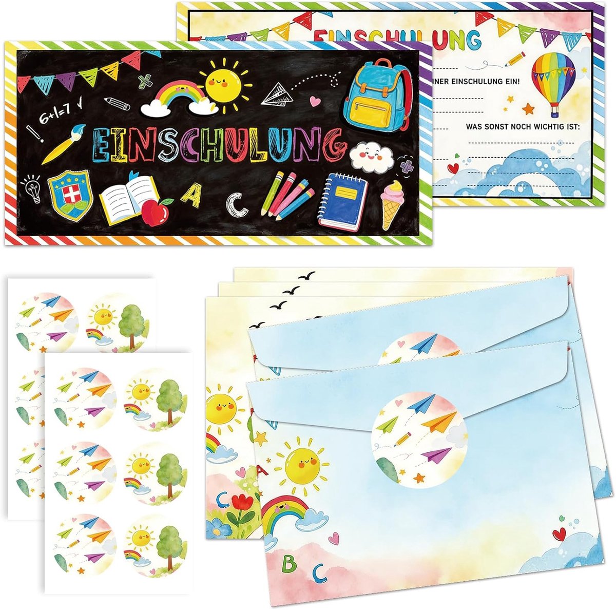 Uitnodigingskaarten voor de eerste schooldag met enveloppen, 12 Duitse uitnodigingskaarten, 12 enveloppen, 12 tattoo-stickers, uitnodigingen voor de eerste schooldag, uitnodigingen voor de eerste