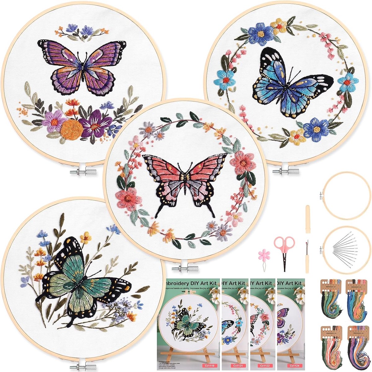 4 Borduurpakket voor Volwassenen, Complete Borduurset met Bloemen- en Plantmotieven voor Beginners, Inclusief 2 Bamboe Ringen en Gekleurd Garen, Handborduren DIY-borduurkit (Vlindermin)