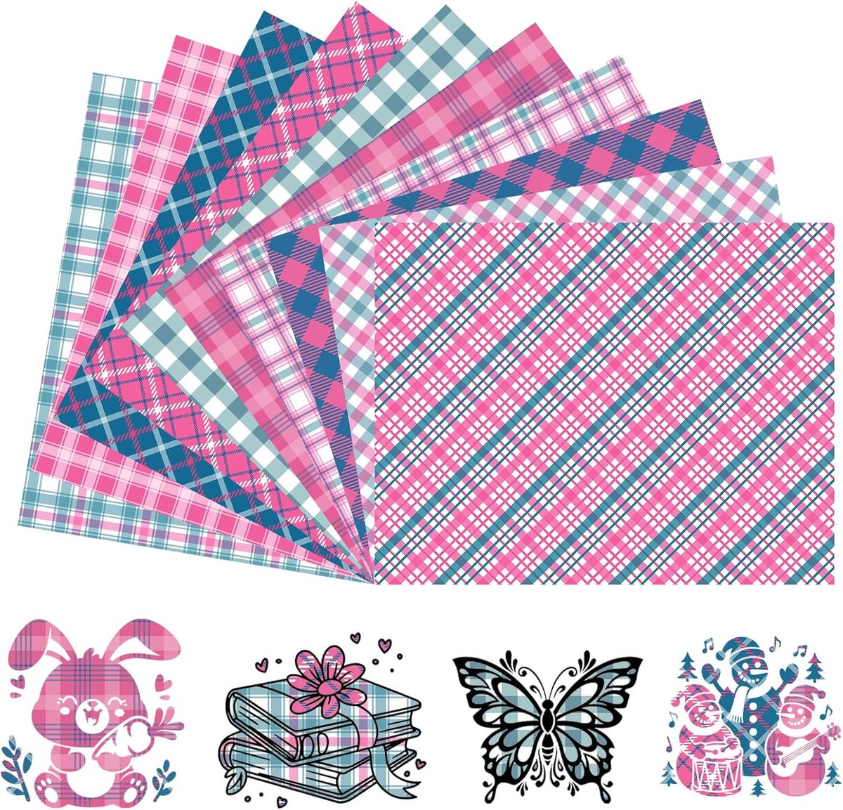 Plotterfolie, roze, blauw, voor Pasen, geruit, Iron on folie, warmteoverdracht, vinyl, 10 stuks, 30 x 25 cm, flexfolie, voor kleding en tassen, compatibel met alle snijmachines