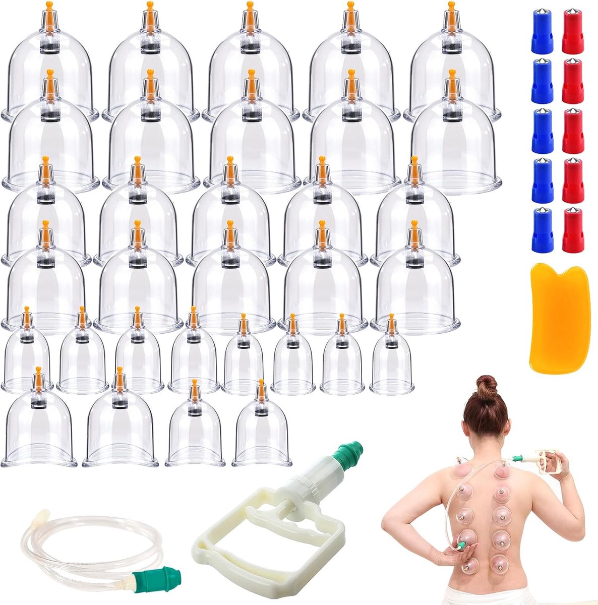 Cuppingglazen met vacuümpomp, set van 32 stuks cuppingglazen, cuppingglas met 12 magneten met pompgreep en verlengslang, cuppingset voor effectieve spierontspanning en pijnverlichting