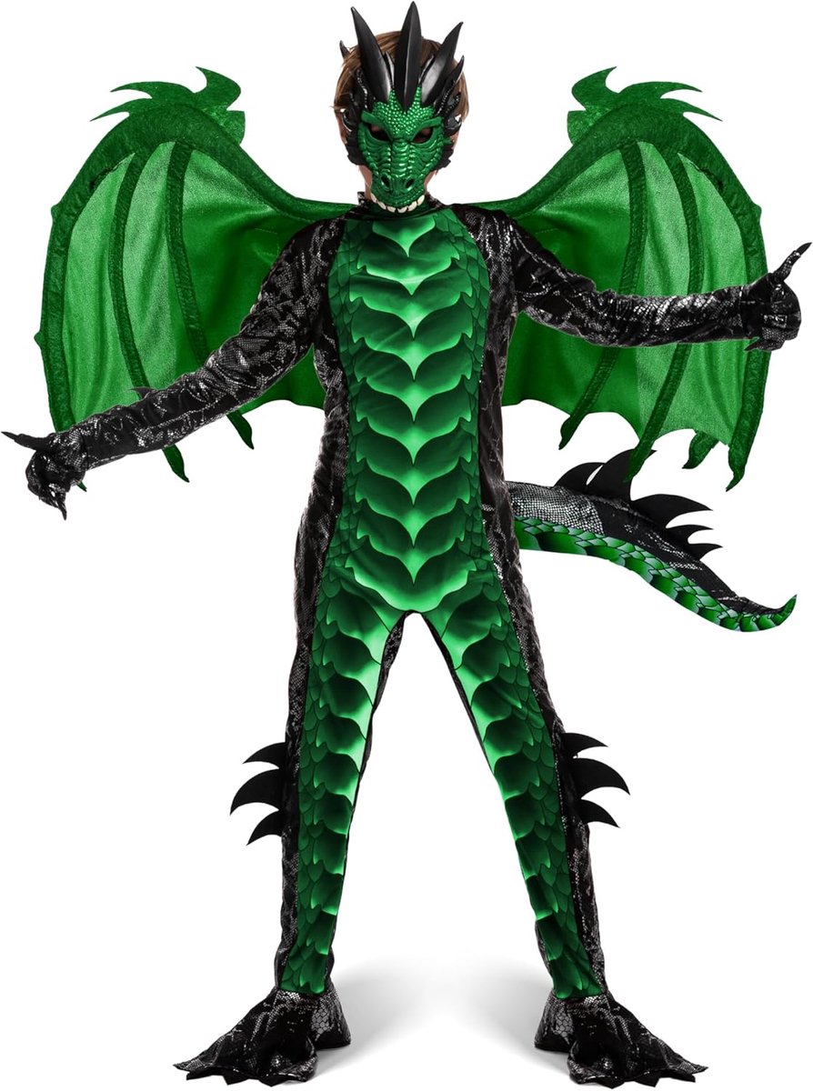 Creations Kinderkostuum met groene draak, jongenskostuum, drakenvleugels, staart en maskerset voor Halloween