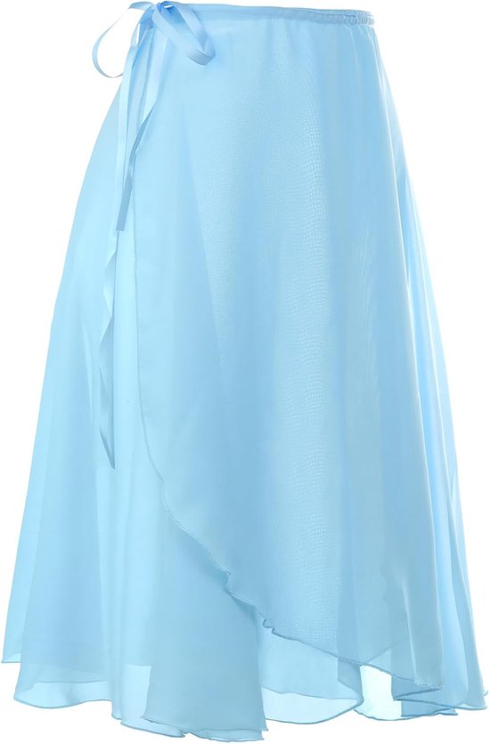 Gedetailleerd beeld van de lichtblauwe chiffon balletrok met striksluiting.