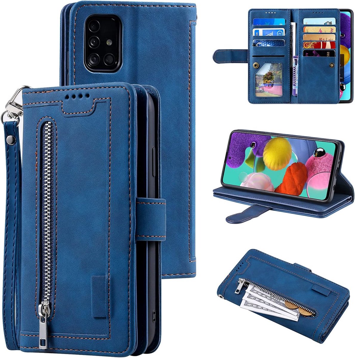 hoesje voor Samsung Galaxy A52 4G/5G, A52S 5G, retro ritssluiting, mobiele telefoonhoesje, PU-leren telefoonhoesje met 9 kaartvakken, standaardfunctie, portemonnee, draagband, beschermhoesje, fliphoesje, blauw