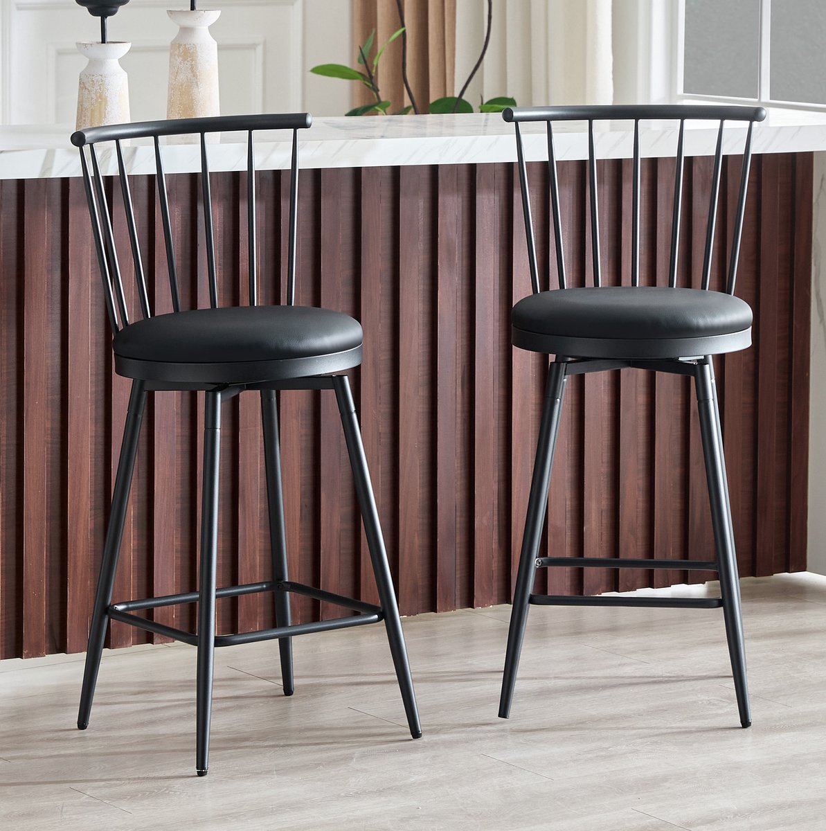 MIVRAY Barkruk Set Van 2 96 Cm Met Windsor Rugleuning Gevoerde Zitting Voor Keuken Eiland En Bar Metaal Zwart