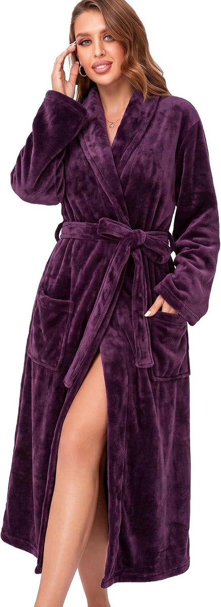 Dames Fleece Badjas met Shawl Kraag - Lange Warme Slobkous - Zachte Woonjurk met Zakken